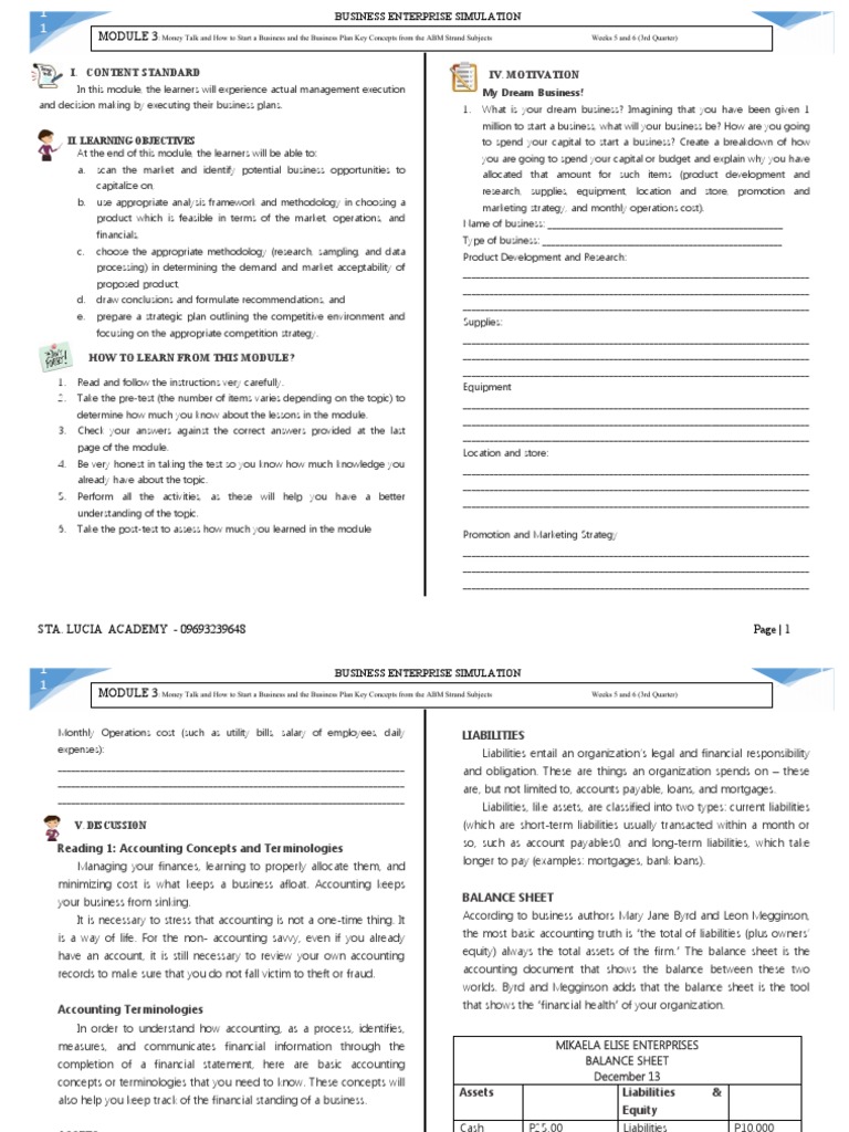 Weeks 3 4 3rd Quarter Business Simulationmodule Pdf Loans