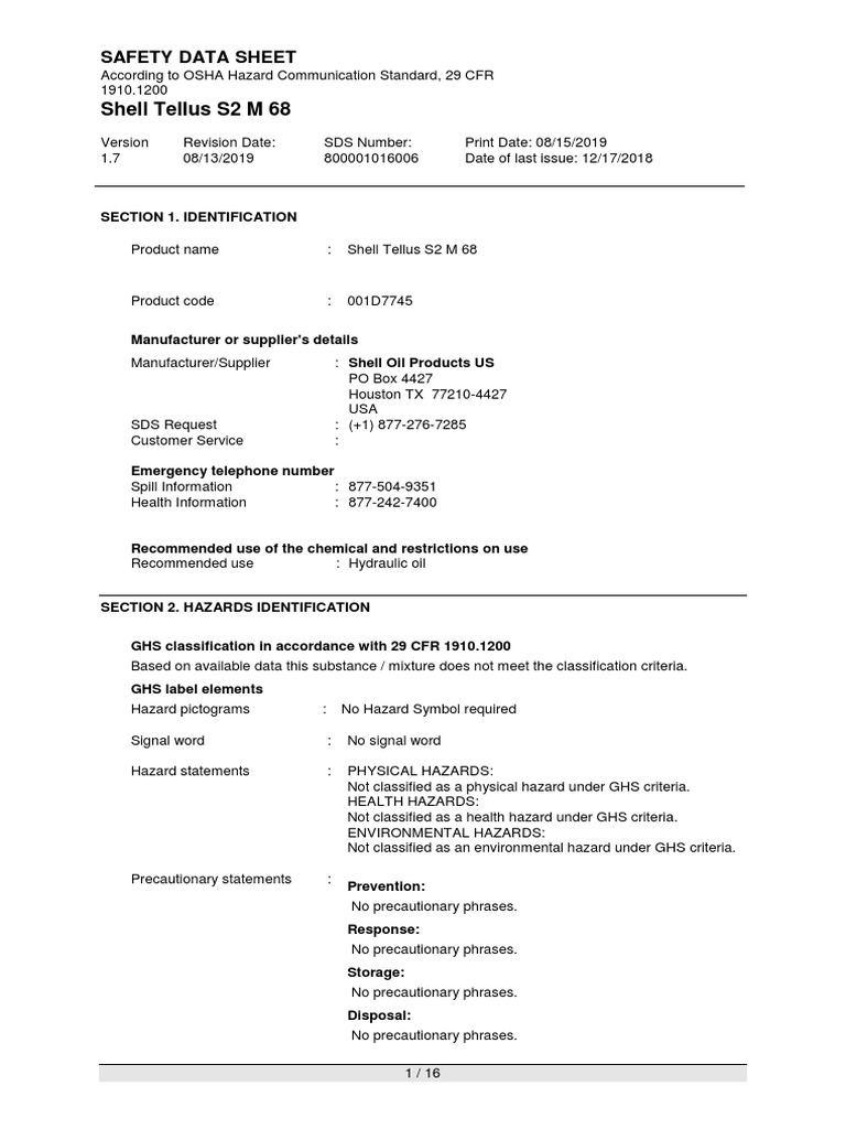 Shell Tellus S2 M 68 Safety Data Sheet | PDF | Personal Protective ...