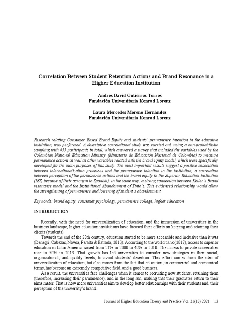 Correlation between student retention actions and brand resonance in a