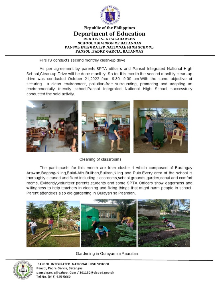 Monthly Clean-Up Drive at PINHS | PDF | Learning | Behavior Modification