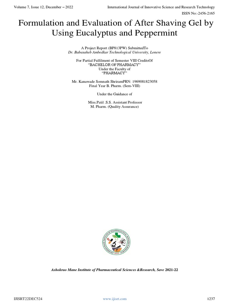 Formulation and Evaluation of After Shaving Gel by Using Eucalyptus and Peppermint PDF Gel