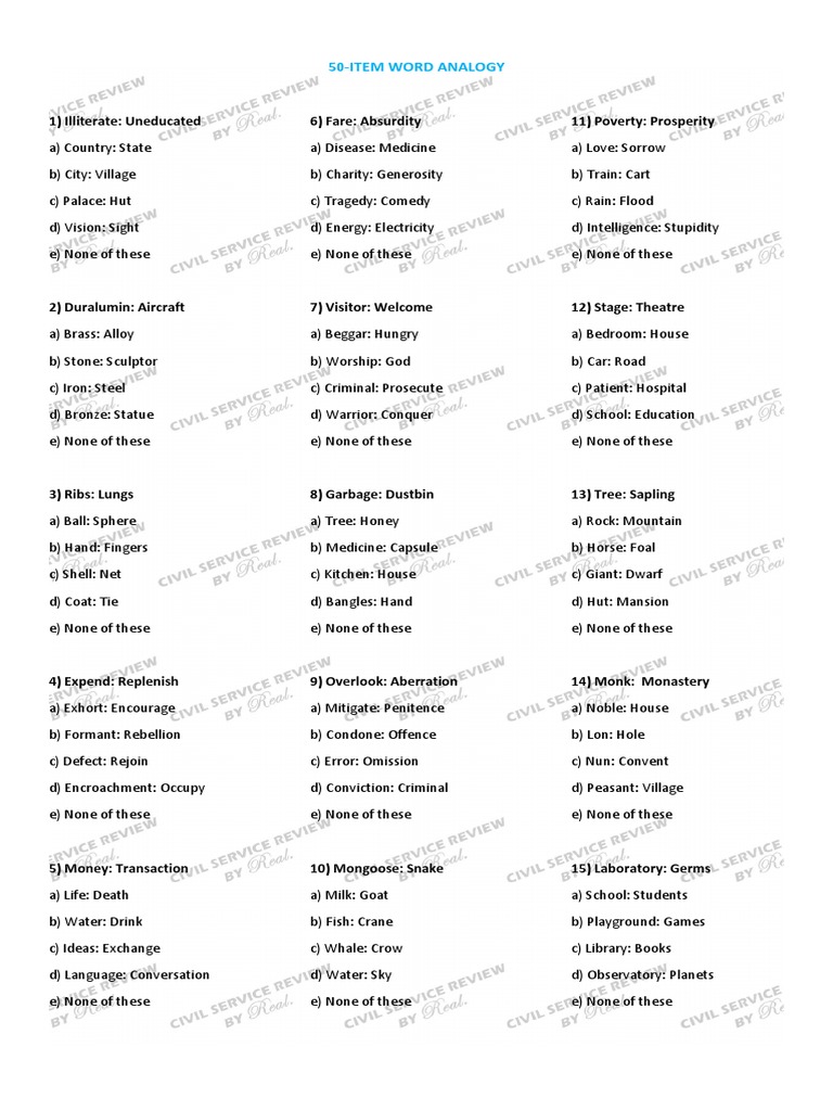 50 Word Analogy Examples with Answers | PDF | Social Science | Art