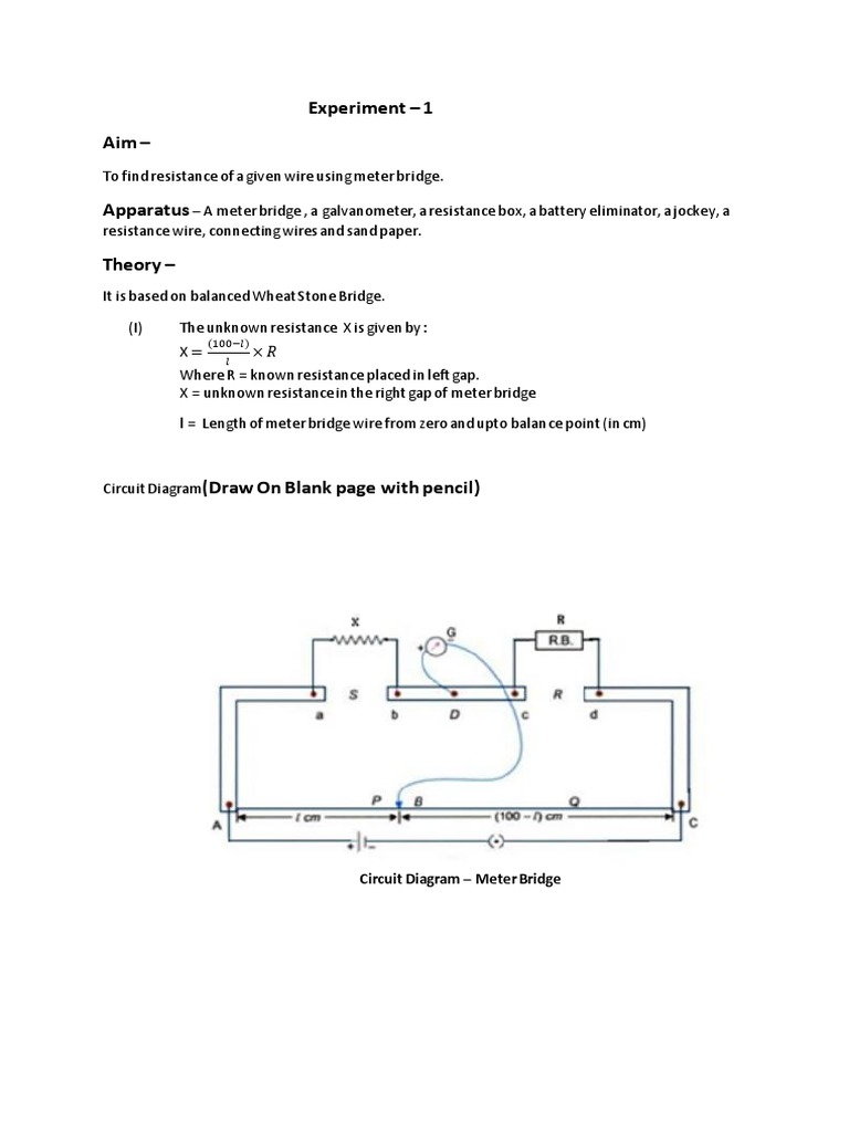 Experiment - 1 Aim - : Circuit Diagram - Meter Bridge | PDF | Electrical Resistance And
