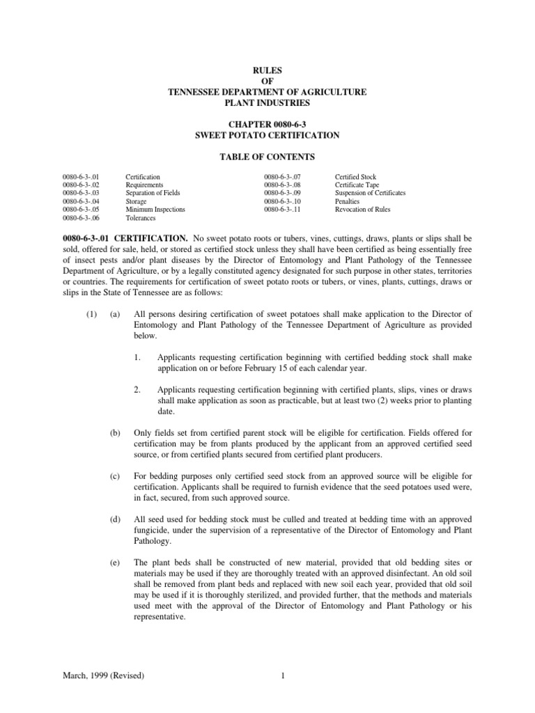 Rules OF Tennessee Department of Agriculture Plant Industries CHAPTER