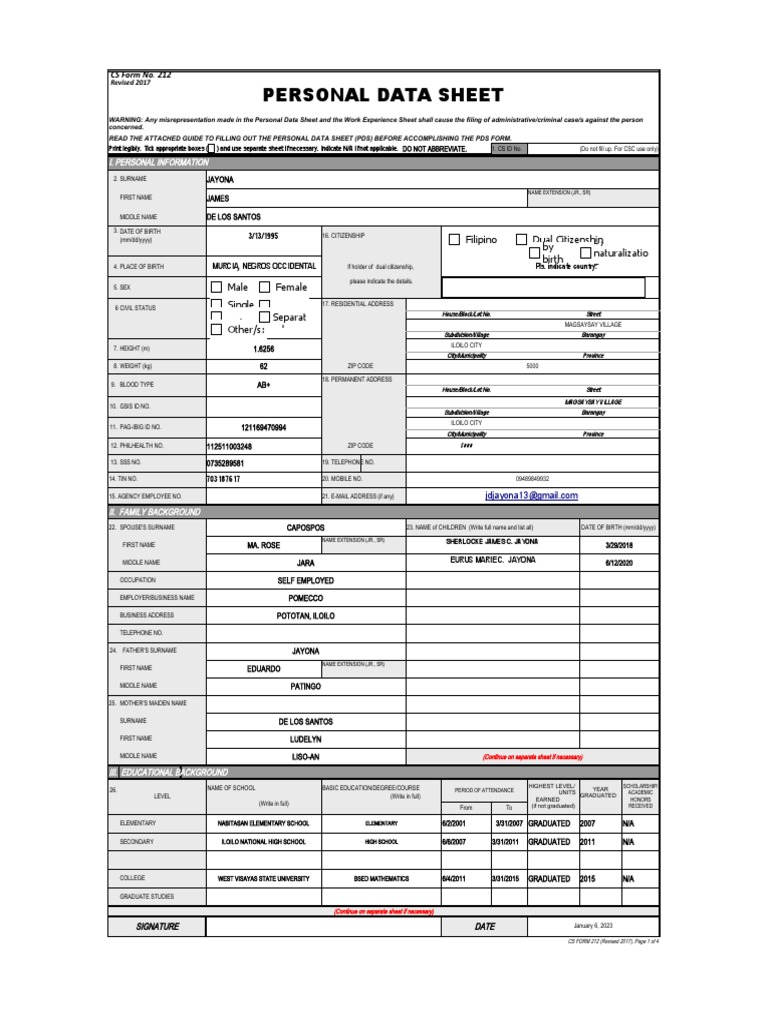 Sample Personal Data Sheet (PDS) Form | PDF | Crimes | Crime & Violence