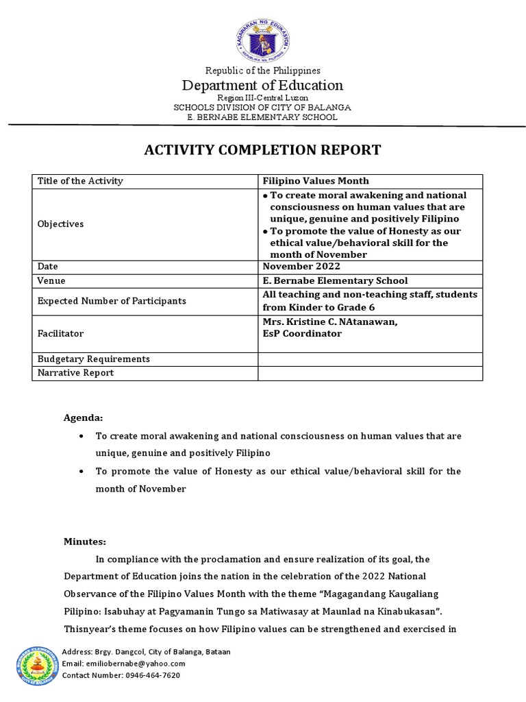 Filipino Values Month Activity Report | PDF | Social Institutions ...