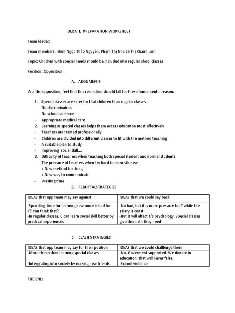 Debate Preparation Worksheet PDF