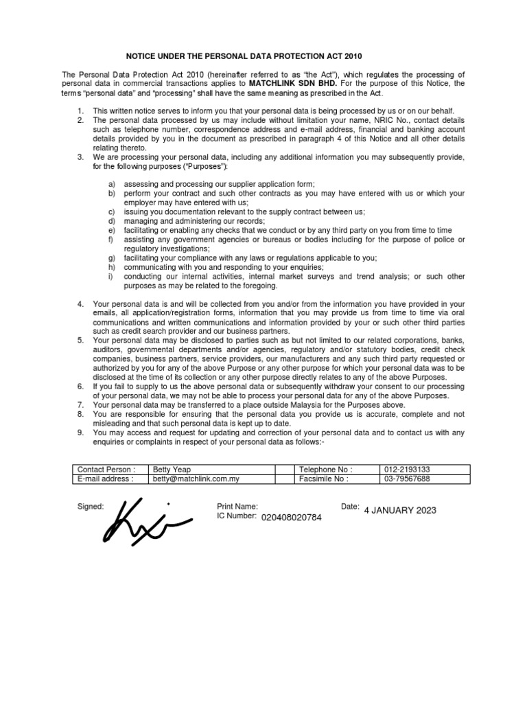 Personal Data Protection Act 2010 Matchlink PDF Information Privacy