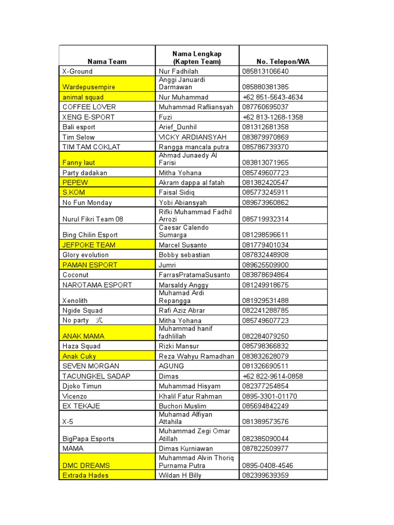 Daftar Nama Team | PDF