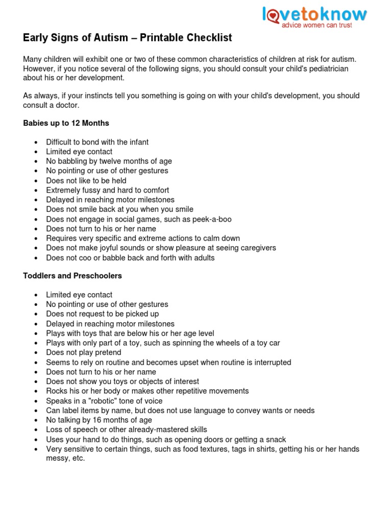 554 Early Signs of Autism Printable Checklist PDF