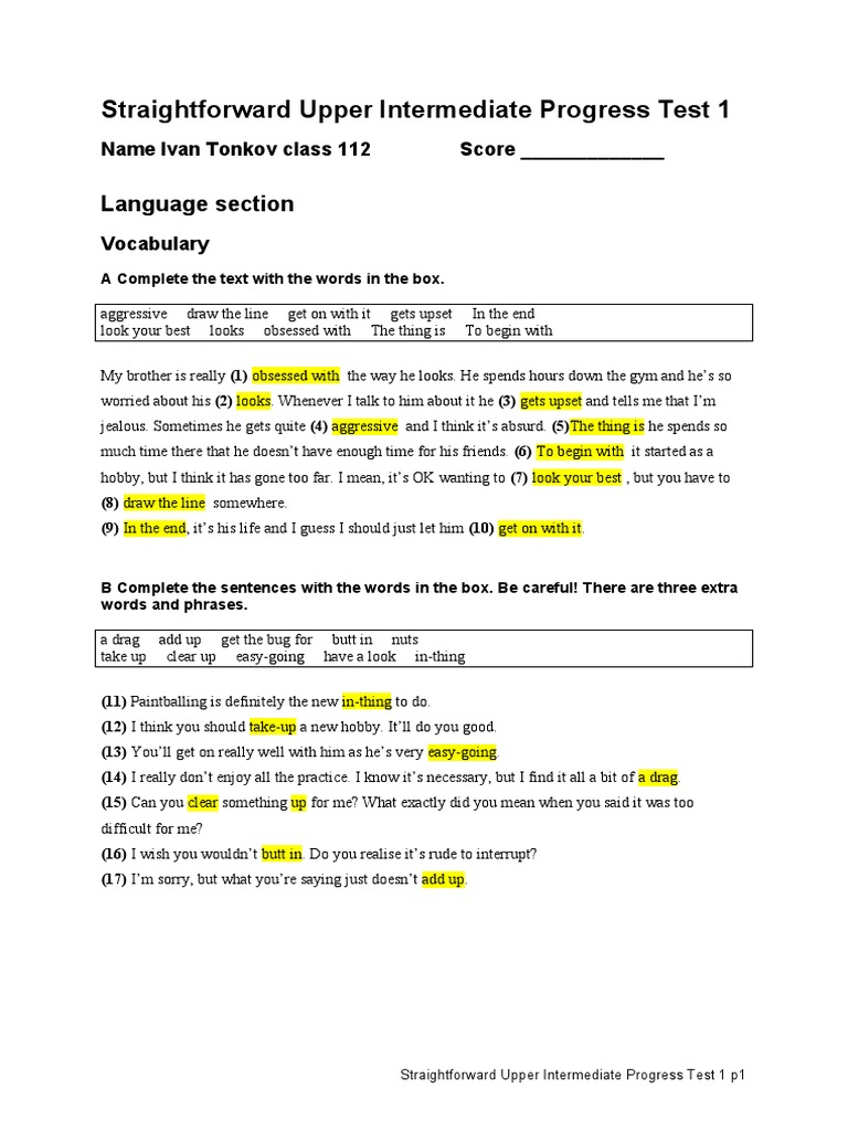 Upper Intermediate Progress Test 1 | PDF | Fox