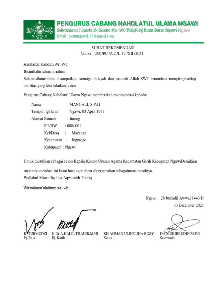 Rekomendasi Mangali sebagai KUA Gerih | PDF