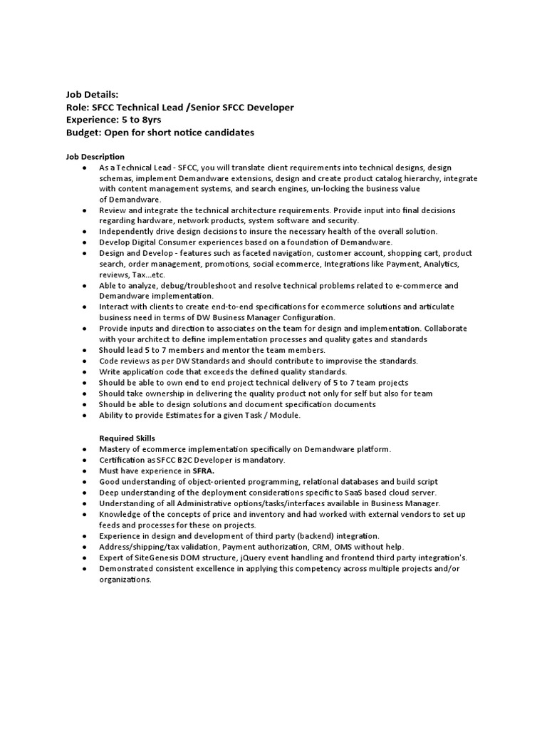 Technical Lead for Demandware Commerce Solutions Job Description and