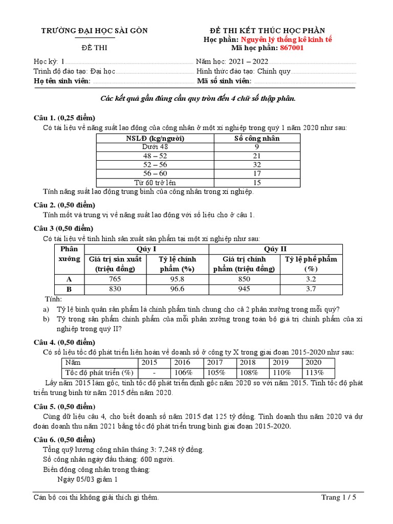 Nguyen Ly Thong Ke Kinh Te - de Thi | PDF