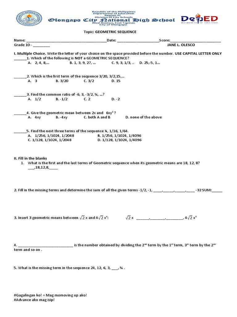 Geometric Sequence Quiz for Grade 10 | PDF | Summation | Arithmetic
