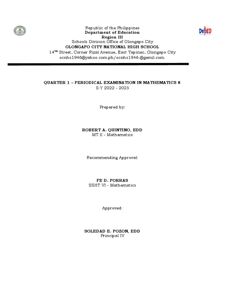 Math 8 Quarter 1 Exam Guide | PDF | Cartesian Coordinate System ...