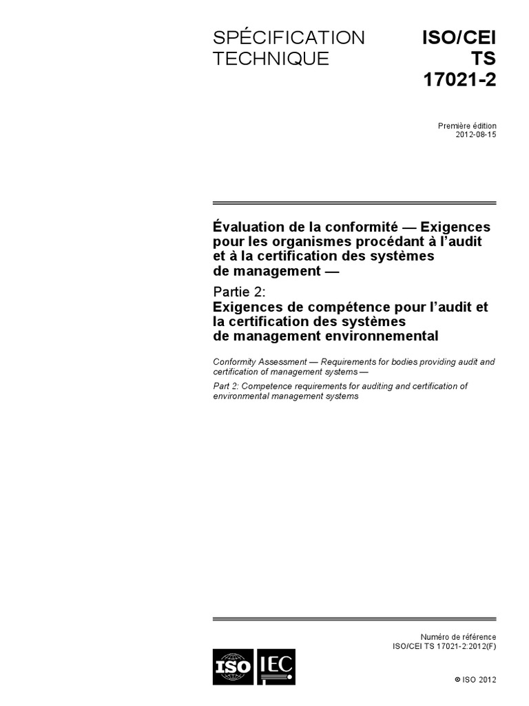 Iso Iec TS 17021-2-2012 | PDF | Audit | Organisation internationale de ...