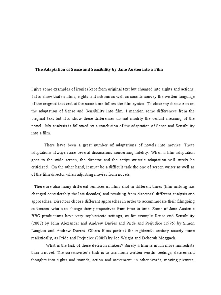 The Adaptation of Sense and Sensibility PDF Elinor Dashwood Jane Austen