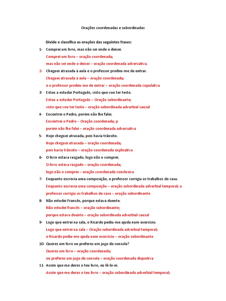 Ficha Portugues 7 Ano Oracoes Coordenadas e Subordinadas Solucoes | PDF ...
