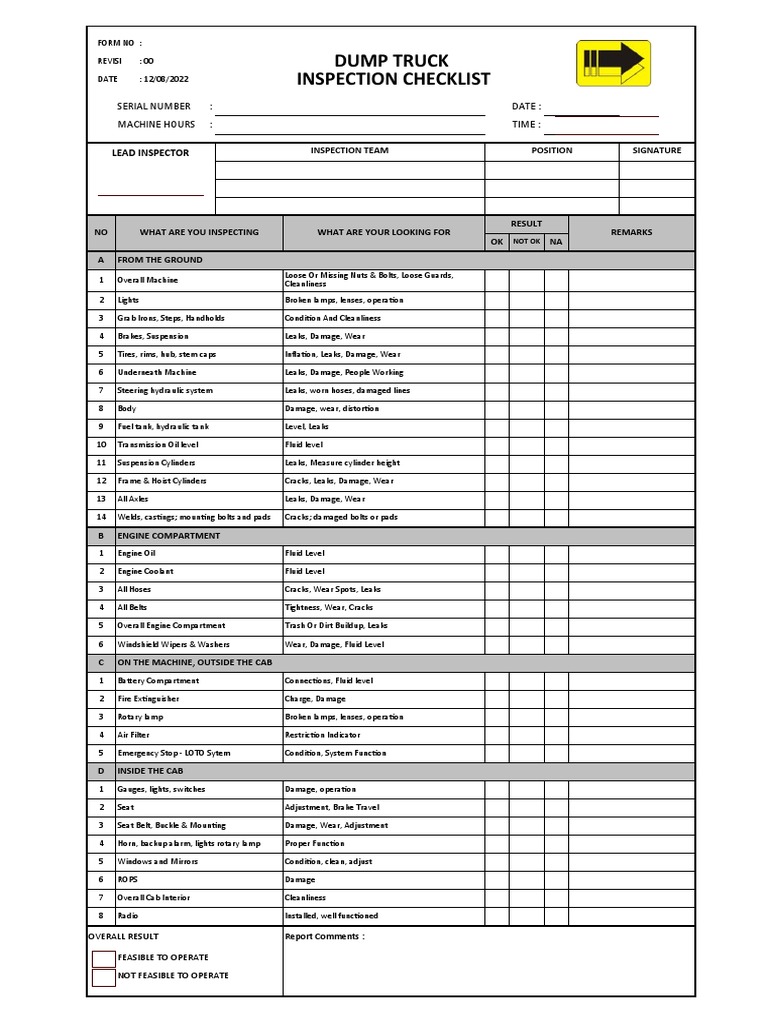 Dump Truck Inspection Checklist | PDF | Leak | Truck