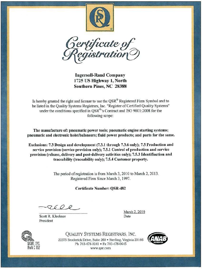 ARO INGERSOLLRAND COMPANY Certificate ISO 90012008 (Bombas) PDF