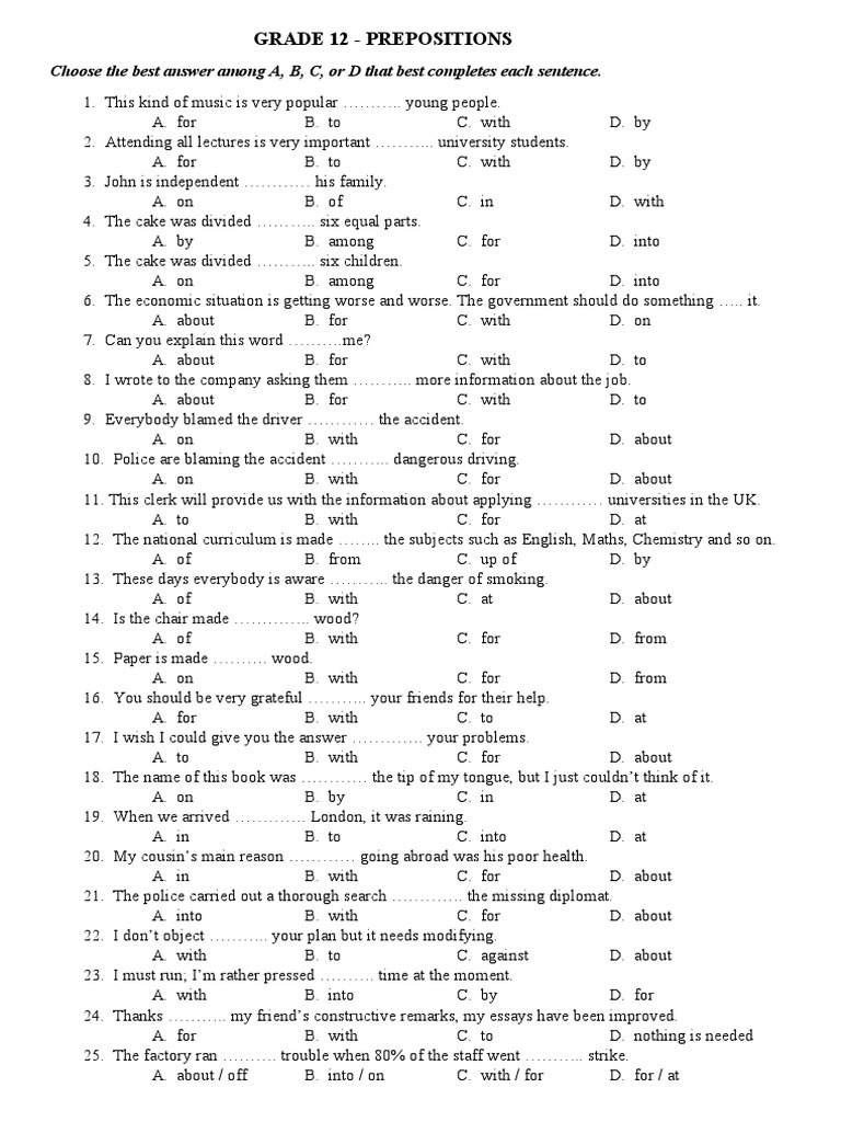 Grade 12 Prepositions Practice Test | PDF