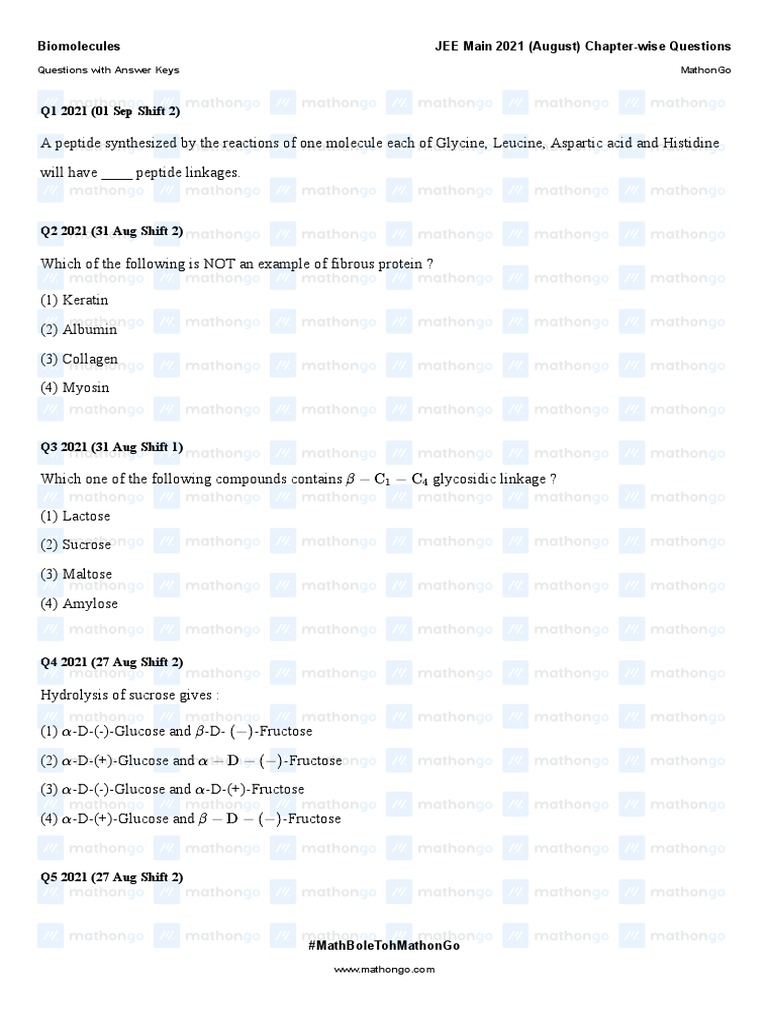 Biomolecules JEE Main 2021 August ChapterWise MathonGo PDF
