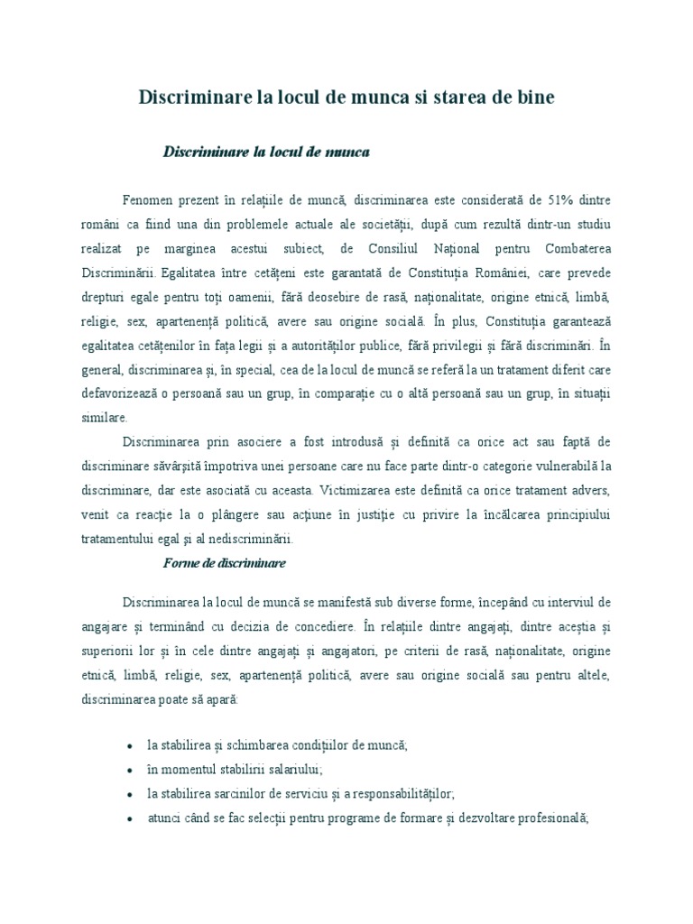 ESEU, Discriminarea La Locul de Munca Si Starea de Bine | PDF
