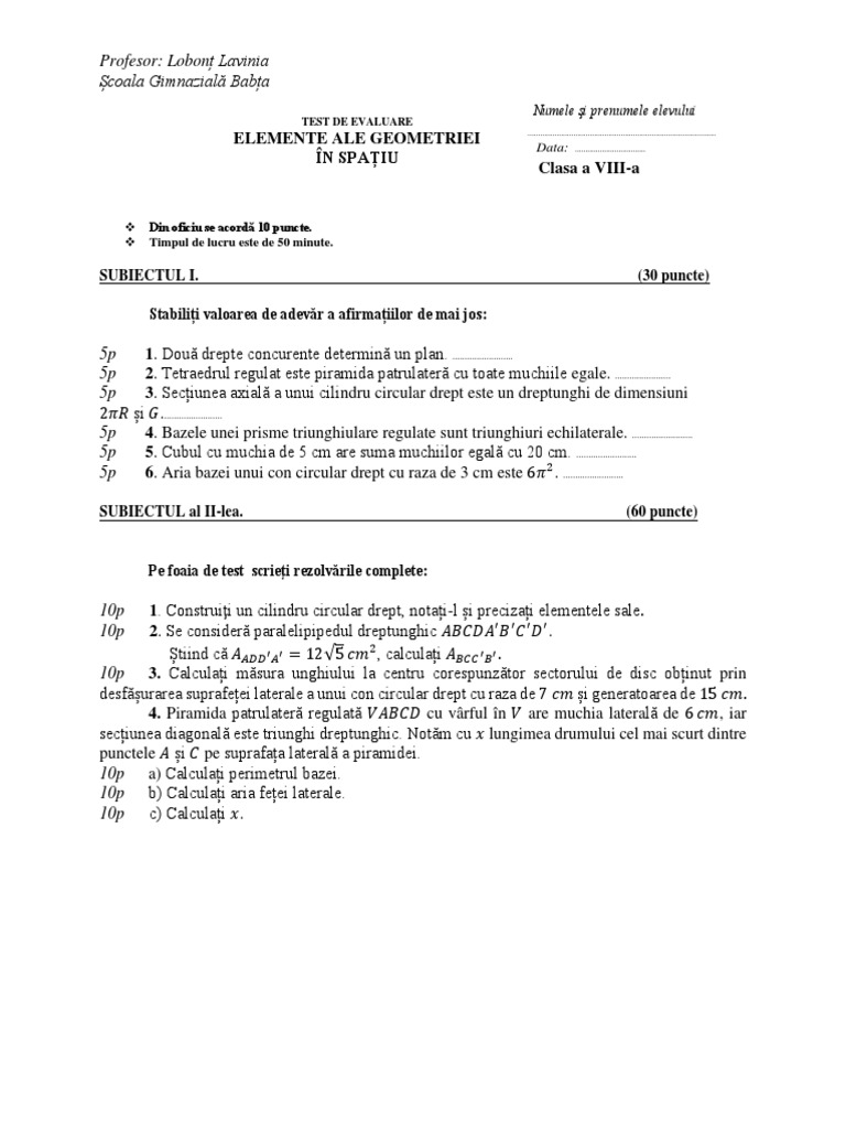Elemente Ale Geom in Spatiu - Cls VIII - Test de Evaluare Formativa | PDF