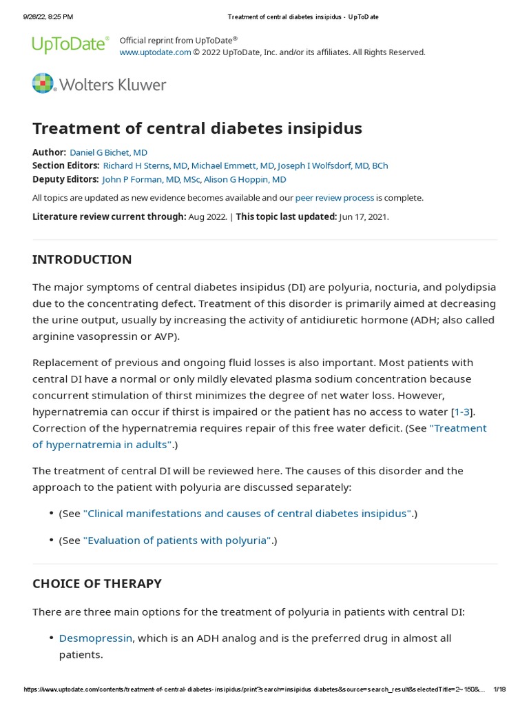 Treatment of Central Diabetes Insipidus UpToDate PDF Causes Of