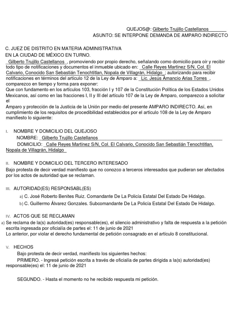 Demanda de Amparo Indirecto en Hidalgo | PDF | Derecho Constitucional ...