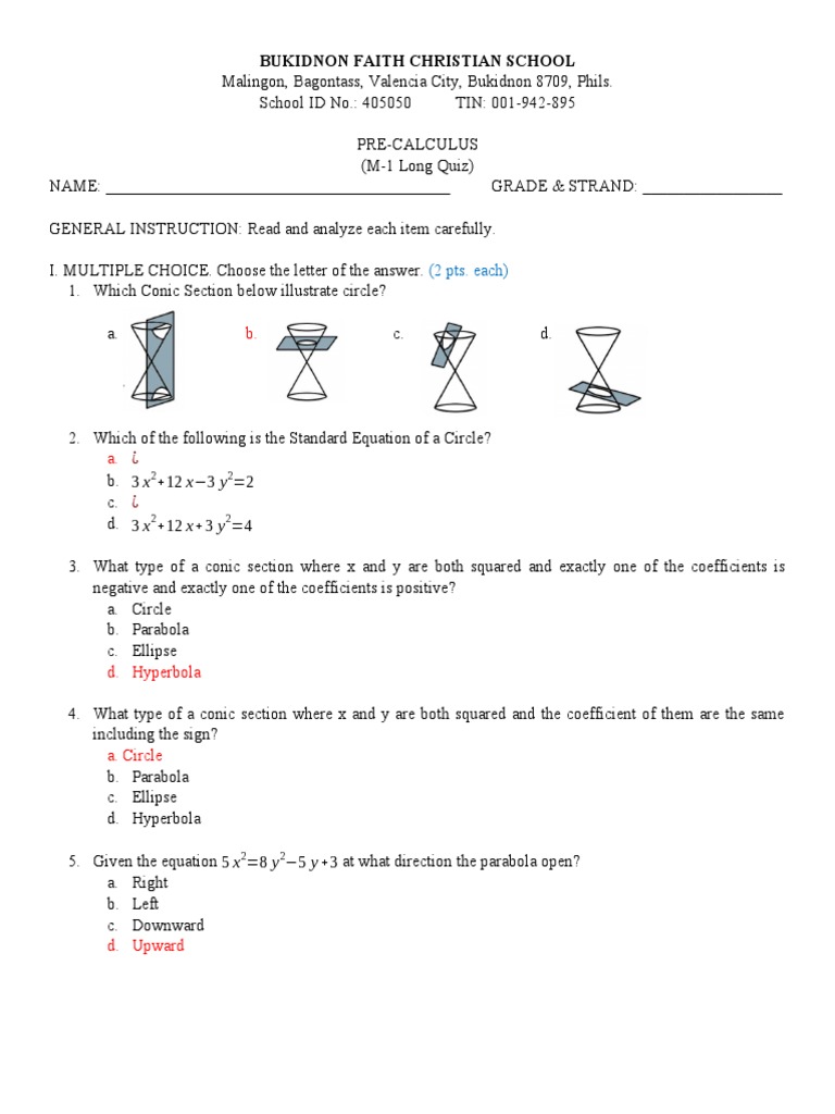 Pre-Calculus Conic Sections Quiz | PDF