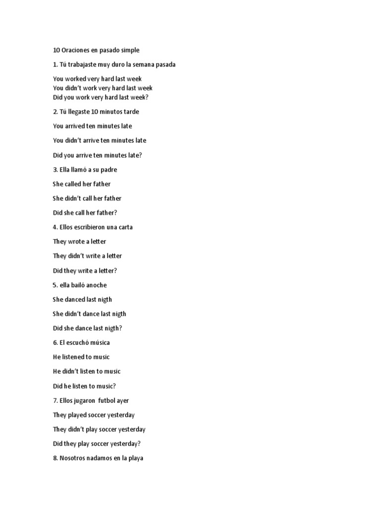 10 Oraciones en Pasado Simple PDF