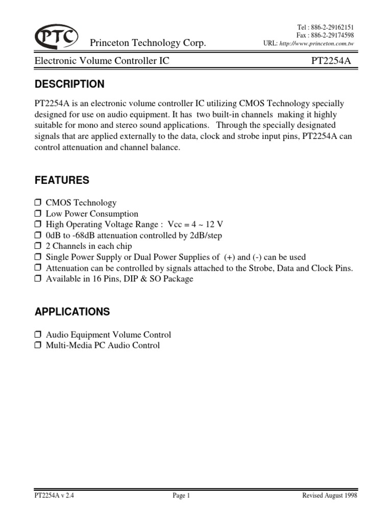 Princeton Technology Corp. PT2254A Electronic Volume Controller IC