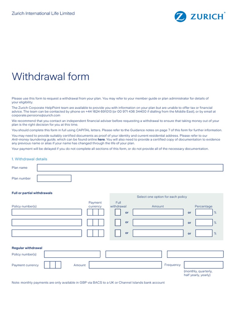 Zurich Withdrawal Request Form | PDF | Identity Document | Payments