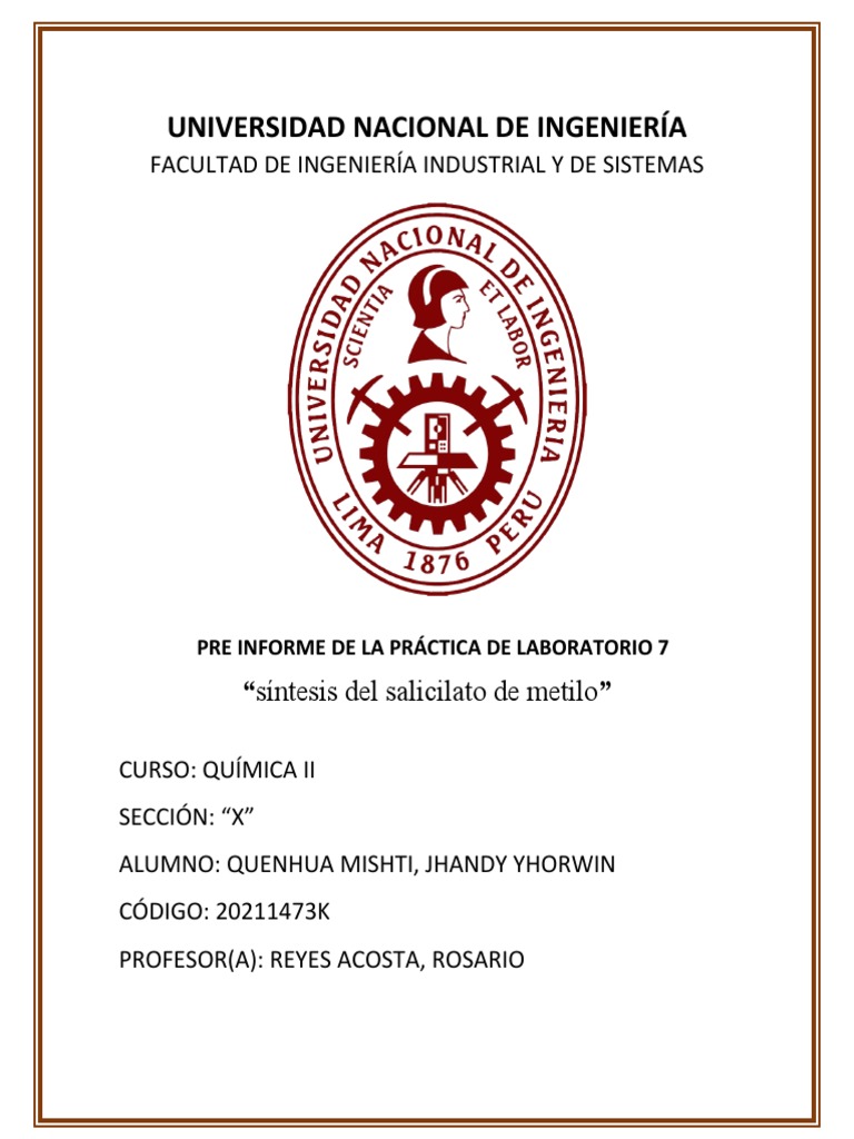 Preinforme - 7 - Salicilato de Metilo - Quenhua - Mishti - Jhandy | PDF ...