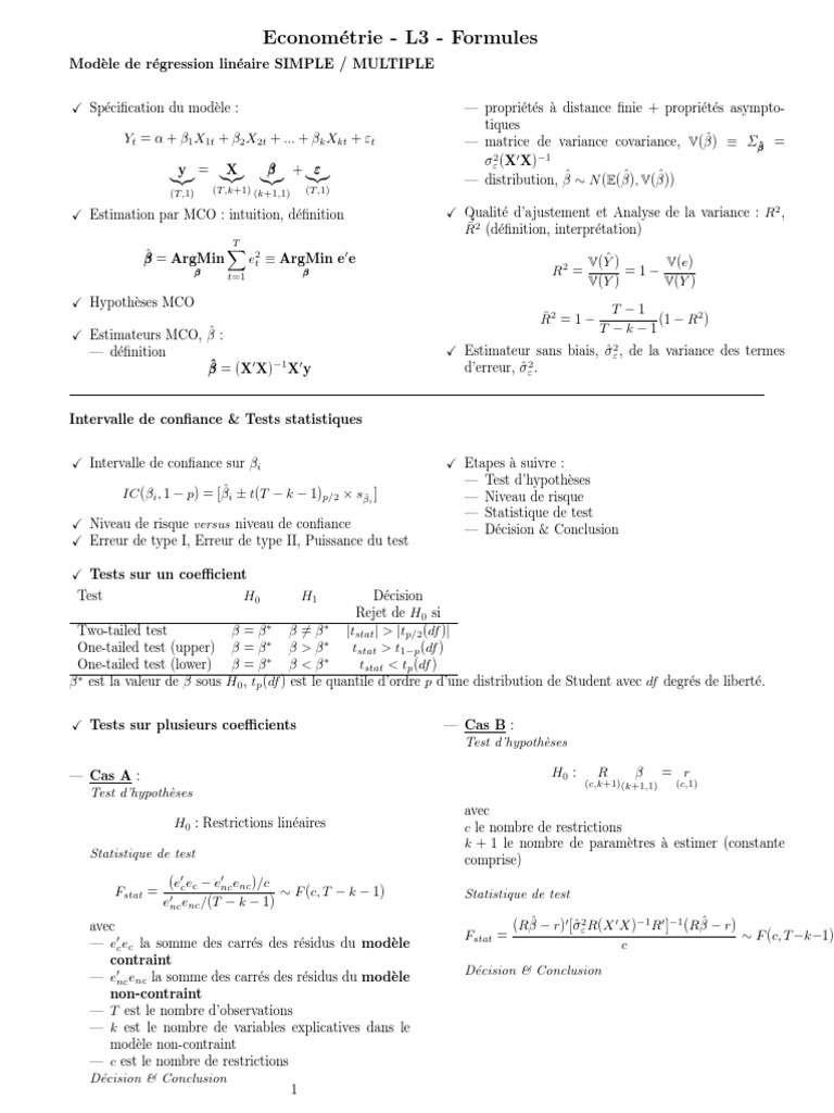 Formules d'Économétrie et Tests Statistiques | PDF | Statistiques ...