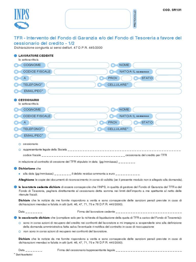 INPS - SR131 - TFR - Cessionari - Modulo | PDF