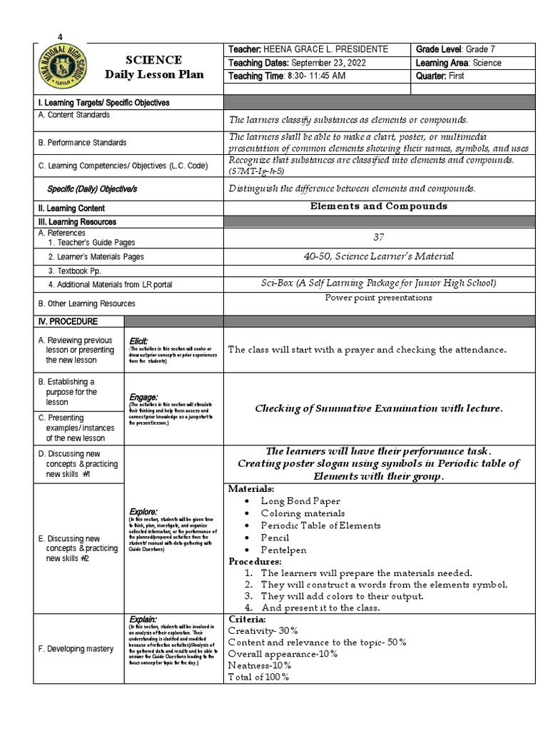 Grade 7 Science Lesson Plan: Elements & Compounds | PDF | Learning ...