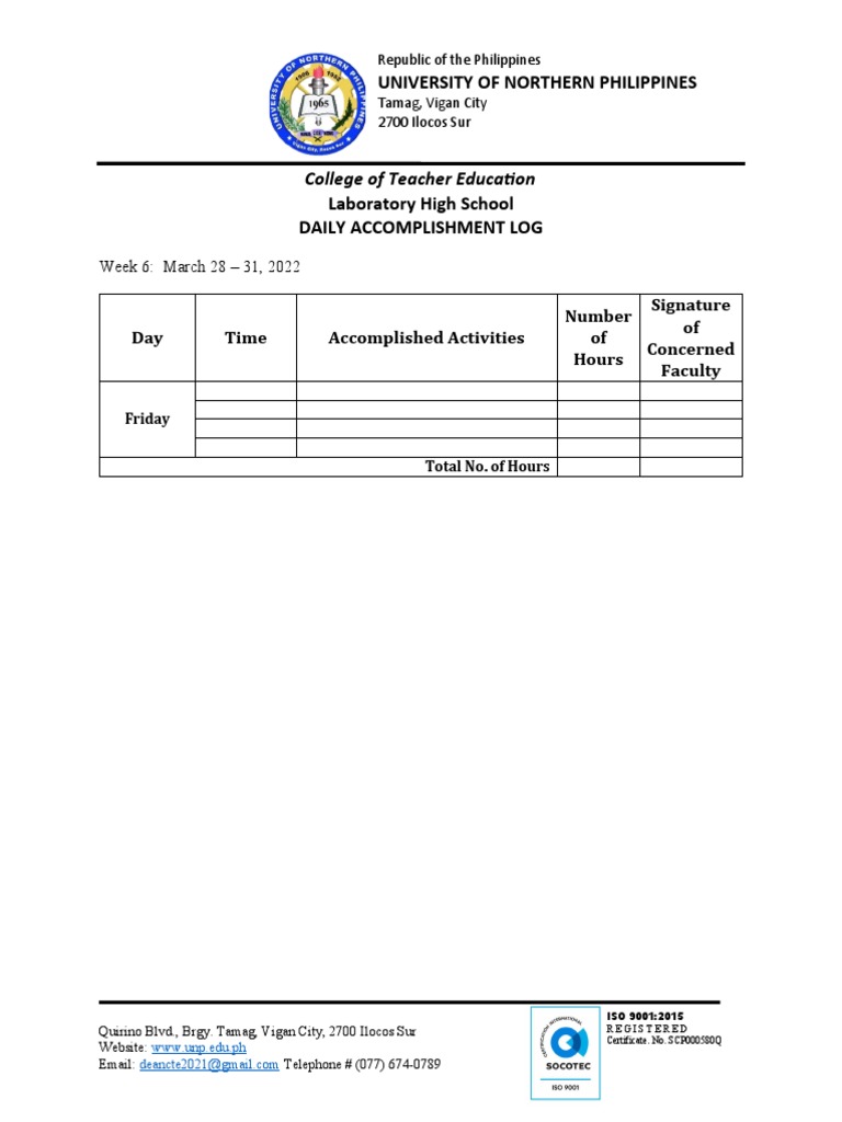 Accomplishment Log Week 6 Sample | PDF