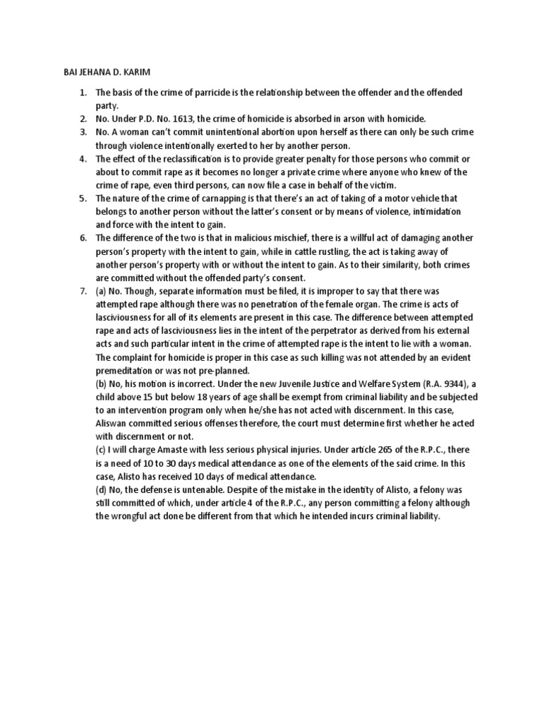 Analysis of legal questions regarding various crimes including homicide