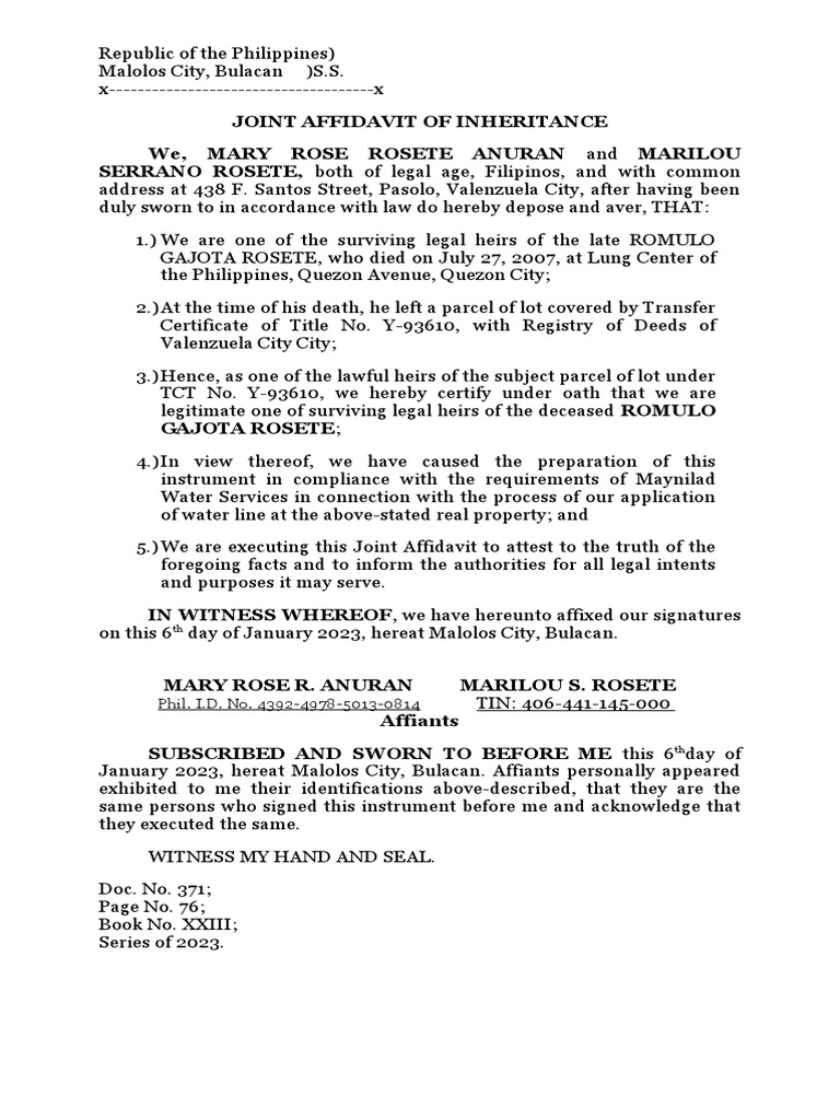 Affidavit of inheritance rosete pdf