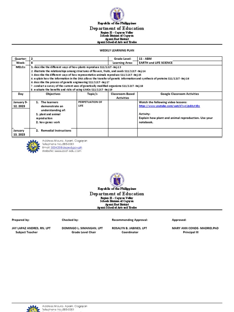 WEEKLYLEARNINGPLAN Earth and Life Science Week 8 Q2 PDF