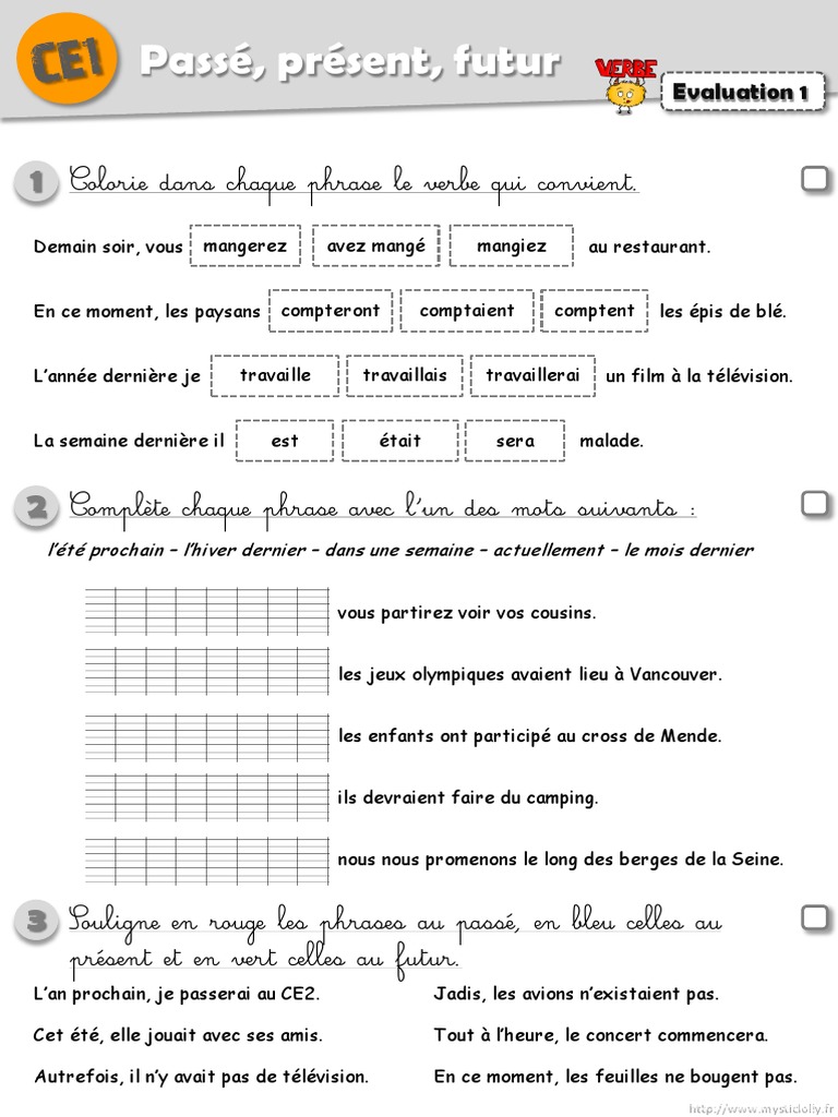 Coloriage Magique Passé Présent Futur Ce1 Fichier Évaluations Conjugaison CE1 CE2 | PDF | Sujet (Grammaire) | Verbe