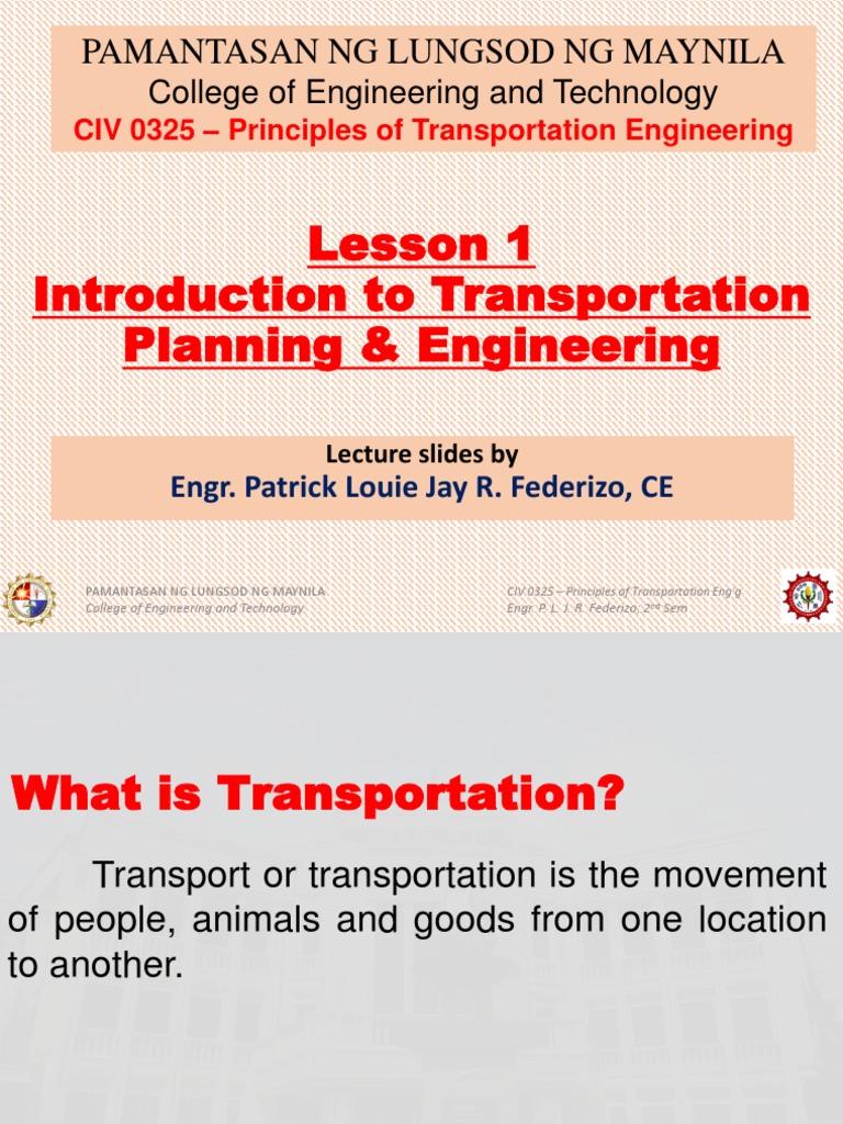 Lesson 1 Introduction To Transportation Planning & Engineering | PDF