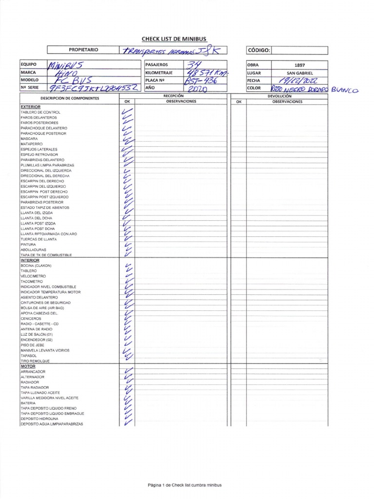 Check List Minibus en PDF | PDF | Vehículos | Tecnología de vehículos