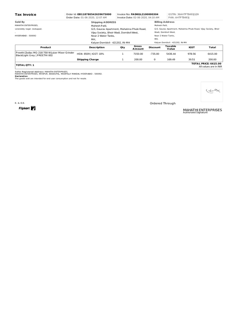 Tax Invoice for Juicer Mixer Grinder | PDF | Trade | Public Law