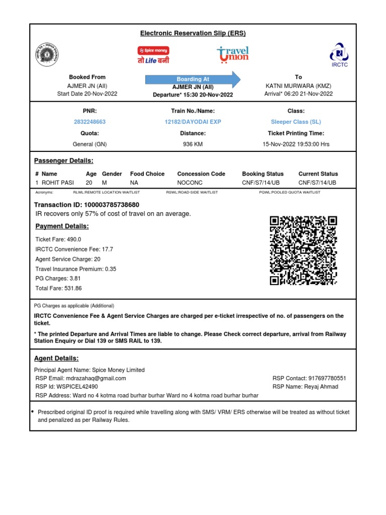 IRCTC E-Ticket - 1668528668740 | PDF | Identity Document