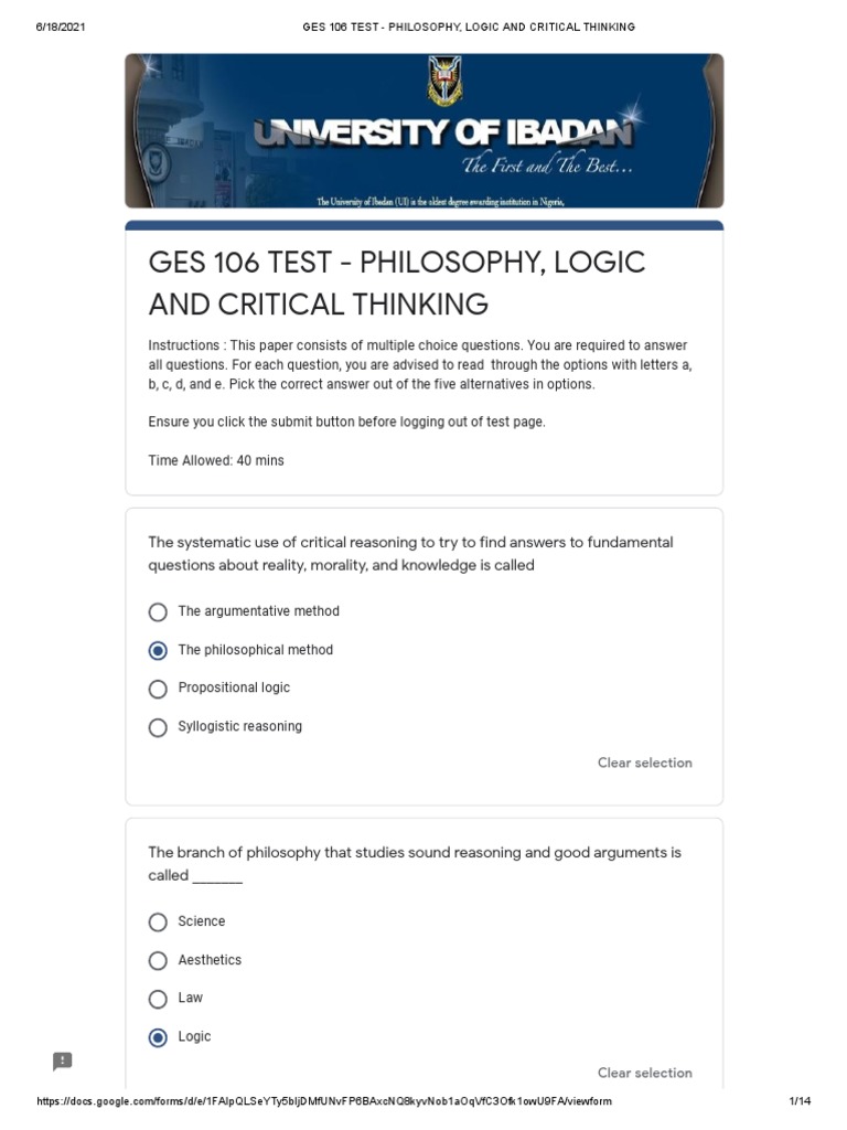 GES 106 Philosophy and Logic Test | PDF | Logic | Deductive Reasoning