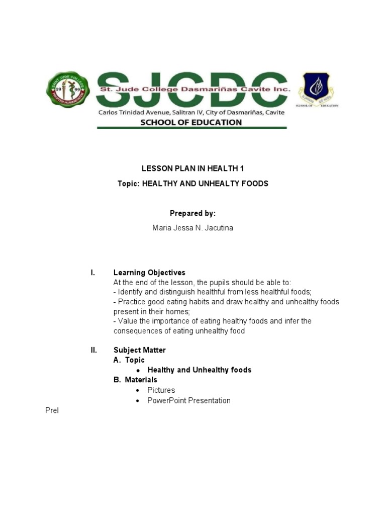 Healthy vs Unhealthy Foods Lesson Plan | PDF | Junk Food | Foods